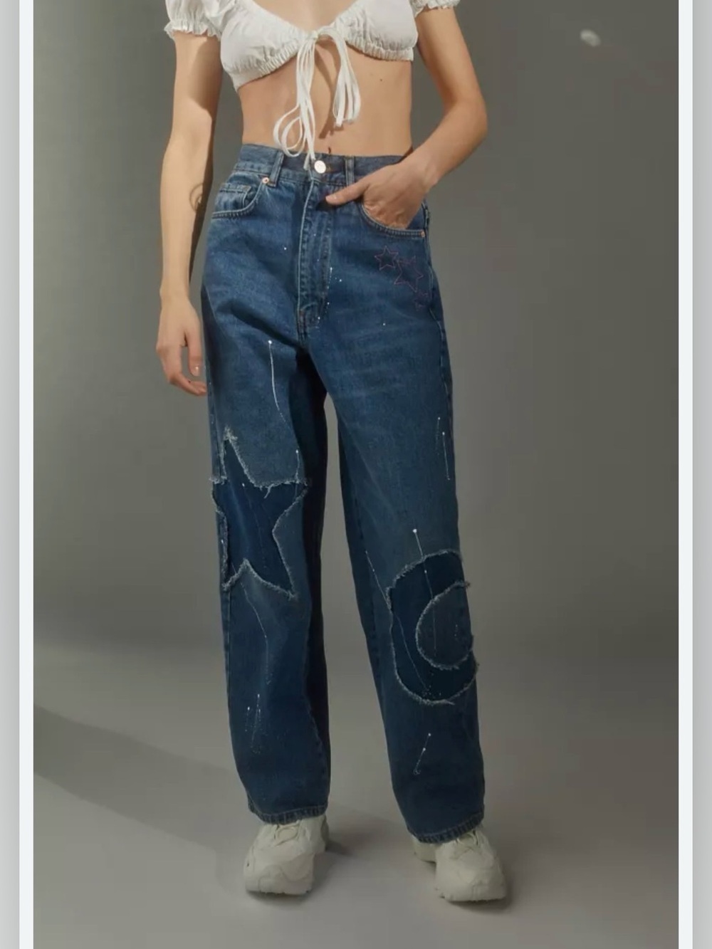BDG Dark Blue Embroidered Wide Leg Denim Jeans Size 25 Y2K Star Moon Statement